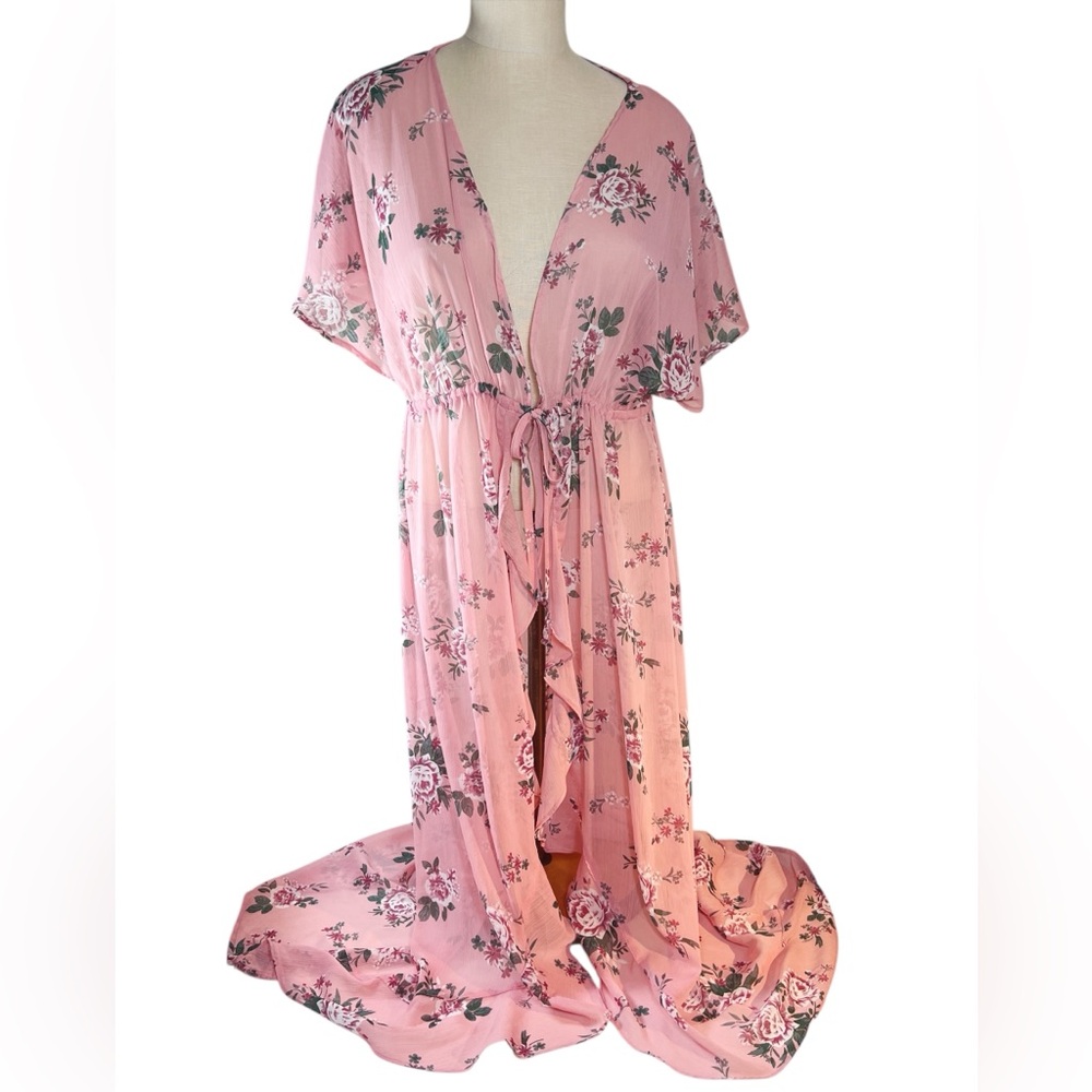Self Esteem Pink Floral Duster with Flutter Sleeves Sz XL EUC Garden Party